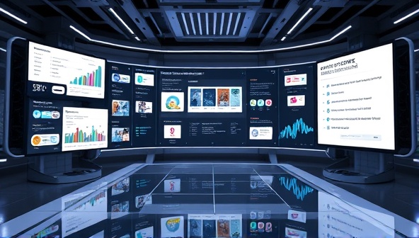 A futuristic workspace with a sleek AI interface displaying various content formats being generated in real-time, surrounded by digital screens showing content engagement metrics and satisfied client testimonials, illustrating cutting-edge technology and efficiency.