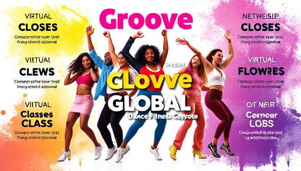 A colorful and energetic promotional poster showcasing diverse individuals dancing joyfully in various styles, surrounded by virtual class schedules and motivational quotes, conveying the vibrant and inclusive atmosphere of Groove Global's dance fitness community.