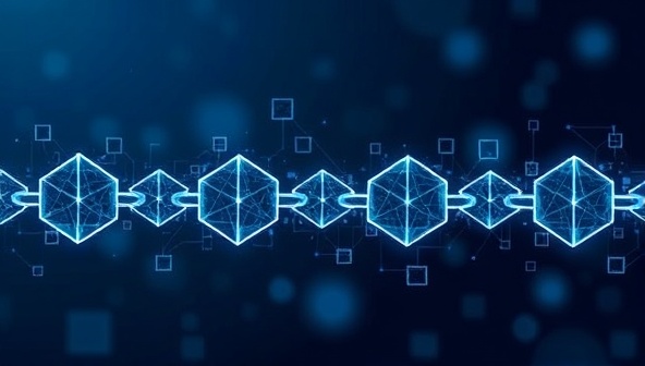 An abstract representation of interconnected blockchain blocks forming a loyalty rewards chain, symbolizing the secure and transparent nature of LoyaltyChain's platform, highlighting the seamless flow of rewards and benefits between businesses and customers.