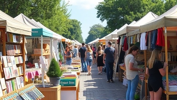 A bustling outdoor pop-up marketplace scene featuring colorful vendor booths, handmade products on display, and enthusiastic shoppers exploring unique finds, creating a vibrant and inviting atmosphere of creativity and community support.
