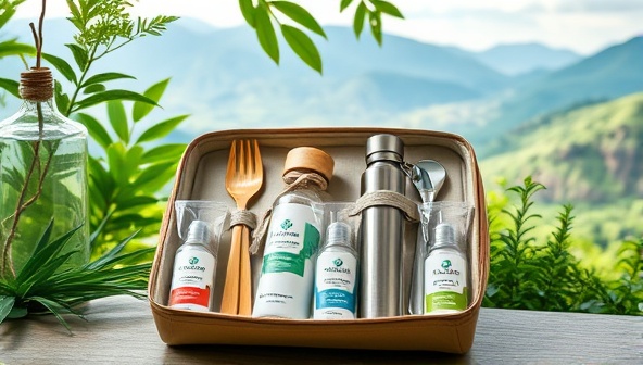 An elegantly designed travel kit filled with eco-friendly essentials like bamboo cutlery, a reusable water bottle, and organic toiletries, displayed against a backdrop of lush greenery and natural landscapes, symbolizing sustainability and mindful travel practices.