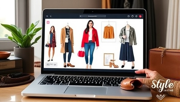 A stylish virtual styling session with a sleek laptop displaying outfit combinations, colorful fashion inspirations, and accessories, creating a visually appealing and trendy atmosphere.