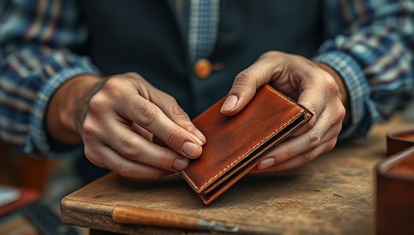 A captivating image of a skilled artisan handcrafting a leather wallet, showcasing the intricate process and attention to detail in creating premium leather goods, with a focus on craftsmanship and tradition.