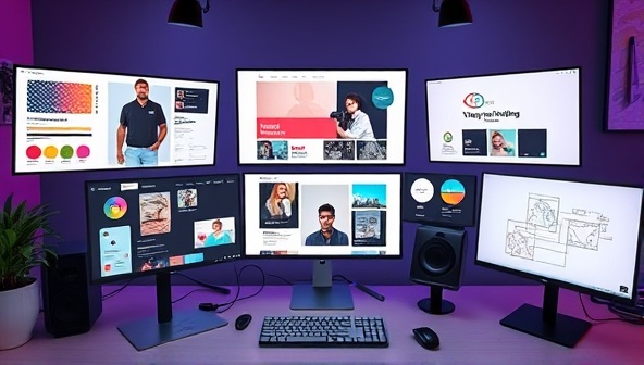 A virtual design studio workspace with multiple screens displaying creative design projects, color palettes, and design sketches, symbolizing collaboration and innovation in graphic design freelancing on a digital platform.