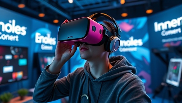 An immersive VR setup with a user wearing a headset and interacting with a branded VR experience, surrounded by virtual elements related to the brand, creating a futuristic and engaging marketing environment, emblematic of ImmerseXpand's innovative approach.