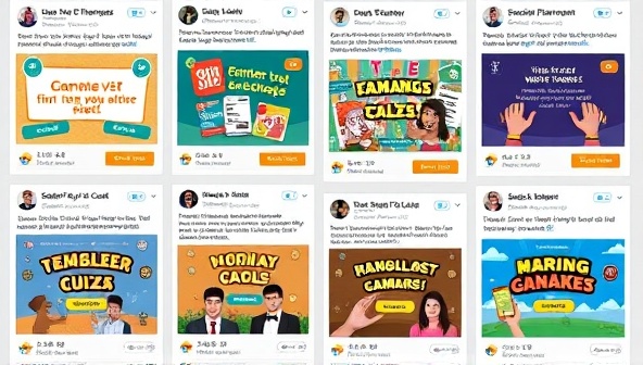 An interactive social media feed featuring gamified posts from various businesses, including quizzes, challenges, and rewards, with animated game elements and engagement metrics, highlighting the engaging and interactive nature of SocialPlayQuest campaigns.