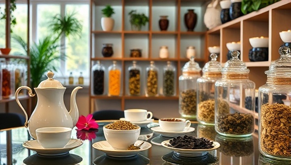 A tranquil tea tasting room with elegant teapots, delicate tea cups, and a variety of exotic tea leaves displayed in glass jars, creating a serene and inviting atmosphere for tea aficionados to savor the aromas and flavors of premium teas from around the world.
