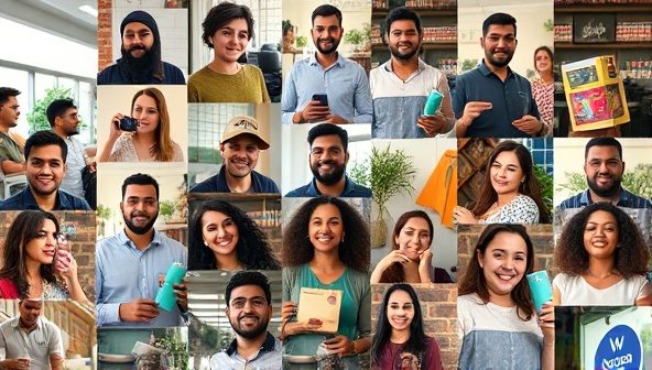A collage of diverse local influencers showcasing products and services from various businesses in a vibrant community setting, capturing the essence of authentic and localized marketing partnerships.