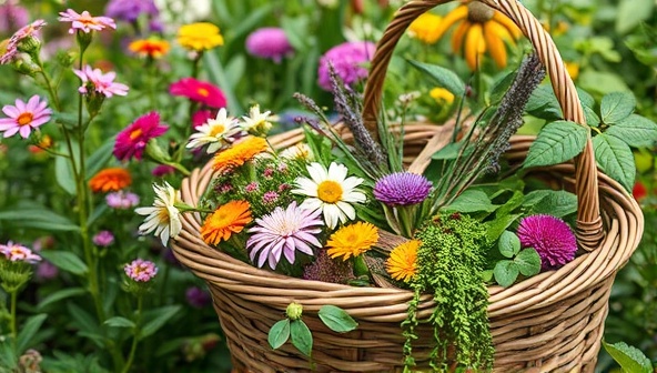 A lush herbal garden bursting with vibrant flowers and plants, with delicate herbs and botanicals carefully arranged in a rustic basket, symbolizing the pure and natural essence of handcrafted herbal skincare in a serene and natural setting.