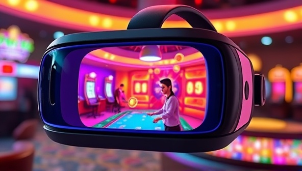 A futuristic VR headset displaying a vibrant virtual casino environment with animated players engaging in a game, showcasing the immersive and interactive nature of the VRcasinoXperience.