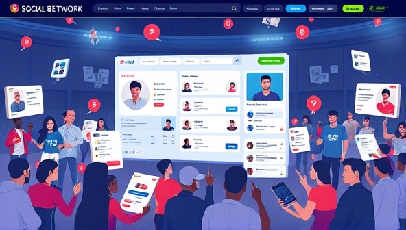 An interactive digital illustration featuring a bustling social betting network platform with diverse user profiles, live betting updates, and interactive chat rooms, conveying the dynamic and collaborative nature of the social betting network community.