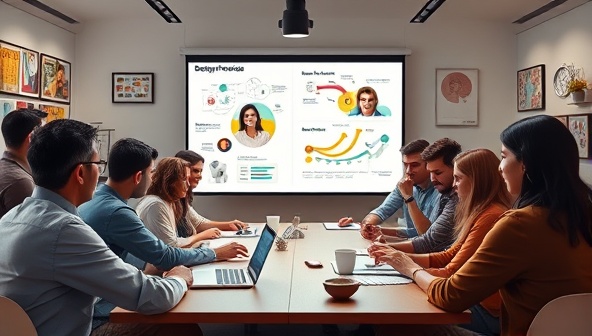 An inspiring visual of a diverse group of designers engaging in a virtual workshop on DesignForge, with interactive tools, real-time feedback, and a vibrant community chat, portraying a collaborative and dynamic learning environment.