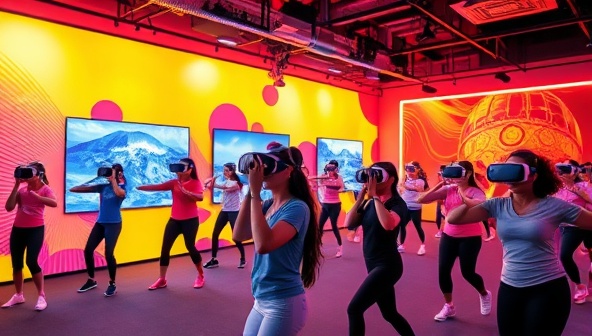An immersive VR world with vibrant workout scenes, virtual trainers guiding users through dynamic exercises, and a diverse group of participants enjoying the futuristic fitness experience in the VRFitZone.