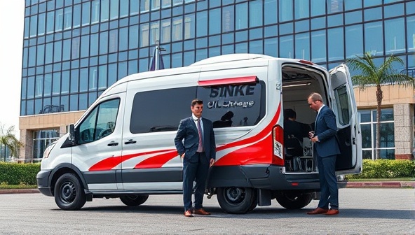 A mobile van equipped with oil change tools parked in front of a high-rise office building, with professionals in suits handing over their car keys for a quick and convenient service, illustrating efficiency and convenience.