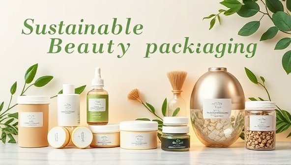 An assortment of sustainable beauty packaging options including biodegradable containers, refillable bottles, and eco-friendly wrapping materials, elegantly displayed against a backdrop of green foliage and eco-conscious messaging, promoting sustainable beauty packaging solutions.