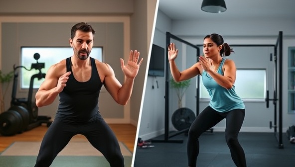 A split-screen image showing a virtual fitness coach leading an energetic workout session on one side and a client following along with enthusiasm in their home gym setup on the other side, inspiring motivation and active participation in the FitFusion Online community.