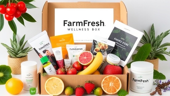 An aesthetically pleasing image of a FarmFresh Wellness Box filled with colorful fruits, herbal teas, skincare products, and wellness guides, surrounded by fresh greenery and natural elements, promoting a holistic approach to health and well-being.