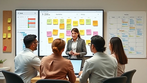 A virtual productivity consultant guiding a team through a digital project management tool, surrounded by sticky notes, charts, and a calendar, illustrating effective teamwork and streamlined processes for increased productivity.