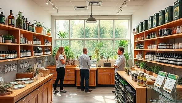 A modern and welcoming cannabis dispensary with knowledgeable staff assisting patients in a bright and inviting space filled with diverse cannabis products, educational materials, and a tranquil herbal garden backdrop, promoting a holistic and informed approach to medical cannabis usage.