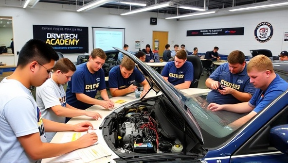 A dynamic classroom setting at DriveTech Academy with students engaging in hands-on activities, examining car components, and using diagnostic tools under the guidance of experienced instructors, illustrating a vibrant and interactive learning environment for automotive enthusiasts.