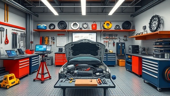 An interactive virtual workshop setting with digital tools and automotive parts displayed, symbolizing a collaborative learning environment where users can share and acquire automotive skills and expertise.