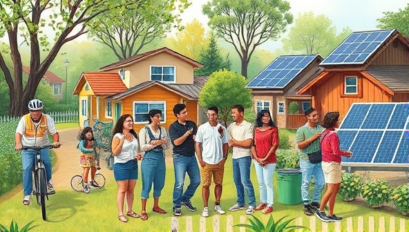 A vibrant and diverse community scene with members engaging in eco-friendly practices like cycling, recycling, and using solar panels, illustrating the positive impact and rewards of participating in EcoImpact Rewards program.