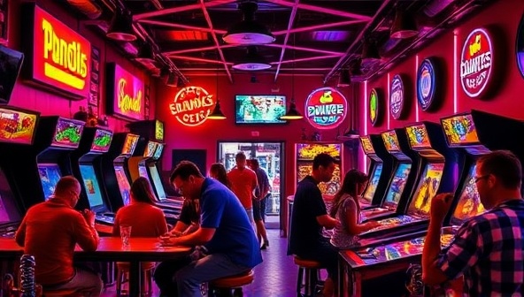 A retro-themed bar setting with glowing neon lights, vintage arcade cabinets, colorful pinball machines, and patrons enjoying friendly gaming competitions while savoring signature cocktails, capturing the nostalgic and vibrant atmosphere of the arcade bar and lounge experience.