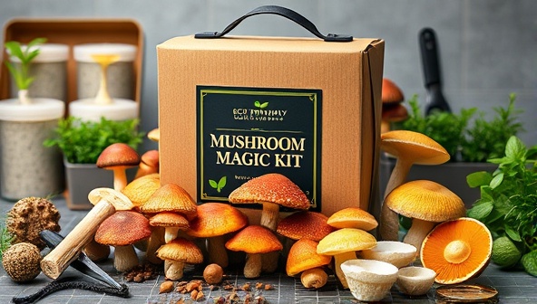 An image of a stylish and compact Mushroom Magic Kit with vibrant mushroom varieties growing, surrounded by eco-friendly packaging and gardening tools, evoking a sense of nature and sustainable home farming.
