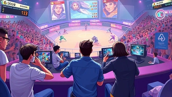 An action-packed illustration of players engaging in intense skill-based gaming challenges on the platform, with digital avatars showcasing different gaming skills like accuracy, speed, and strategy, surrounded by a virtual arena filled with cheering spectators and exciting gameplay elements, capturing the competitive and rewarding nature of SkillWager Arena.