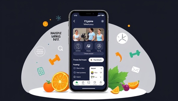 An illustration of a smartphone screen displaying the FitGenie app interface, with workout recommendations, progress charts, and meal plans, surrounded by fitness icons and motivational quotes, emphasizing convenience and personalization.