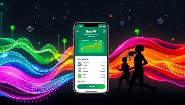 An artistic depiction of the EcoFit Energizer app interface showing fitness tracking data transforming into vibrant energy waves supporting green projects, with diverse users engaging in workouts and generating renewable energy, symbolizing health, sustainability, and community impact.
