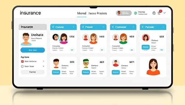 An innovative digital interface displaying various insurance options, with personalized avatars representing different customer profiles, creating a user-friendly and engaging experience.