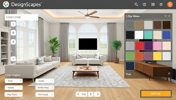 A virtual room rendering displaying a beautifully designed living space with customizable furniture options, color palettes, and decor elements, creating a realistic and immersive visual experience that showcases the versatility and customization features of DesignScape's interior design platform.