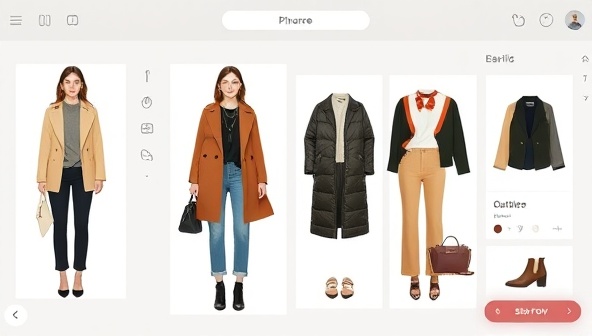 An AI-powered virtual stylist interface suggesting outfit combinations based on user preferences, with a seamless shopping feature integrated for easy purchase of recommended items.