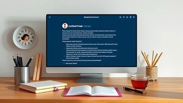 A sleek and futuristic interface displaying a virtual assistant suggesting content ideas on a computer screen, surrounded by creative writing tools like notebooks, pens, and a cup of tea, illustrating a seamless writing process.