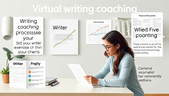 A motivational visual of a virtual writing coaching session with a supportive mentor guiding a writer through goal-setting exercises, progress tracking charts, and creative brainstorming sessions, capturing the essence of personalized accountability and growth in the coaching relationship.