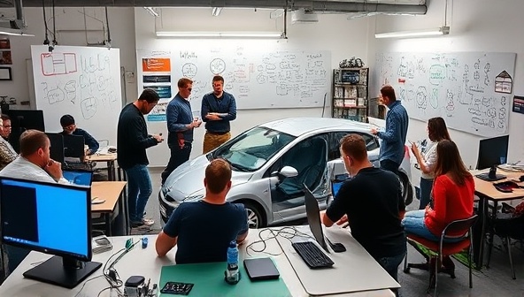A dynamic innovation lab setting with diverse teams of tech entrepreneurs collaborating on futuristic car technology projects, surrounded by high-tech equipment, whiteboards filled with ideas, and mentors providing guidance, illustrating the creativity and potential of IgniteDrive TechLab as a hub for automotive innovation.