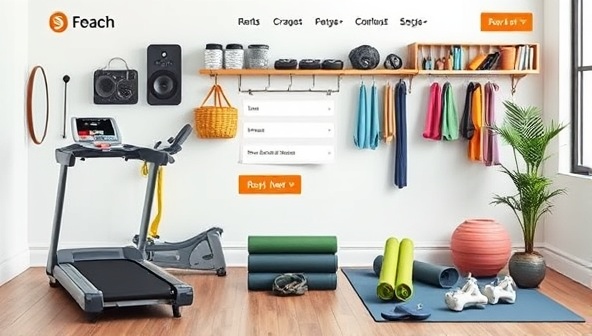 A visually appealing website banner showcasing a range of fitness equipment available for rent, including treadmills, dumbbells, yoga mats, and resistance bands, displayed in a stylish and organized home workout space, emphasizing variety and convenience.