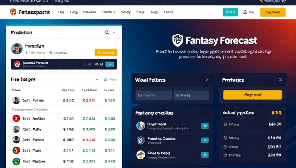 An engaging visual representation of a fantasy sports prediction marketplace interface featuring prediction listings, user ratings, payment options, and interactive features for buyers and sellers, highlighting the dynamic and profitable nature of Fantasy Forecast Exchange.