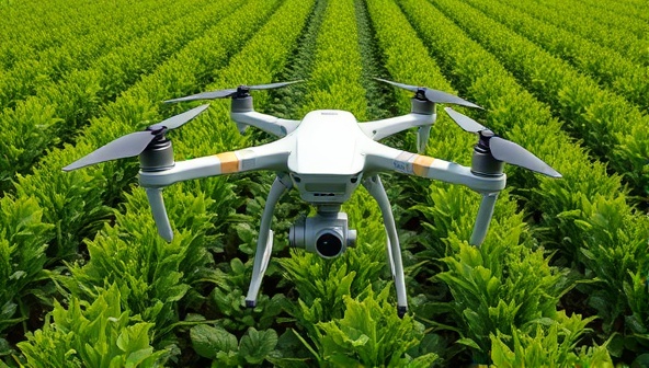 A drone hovering over a lush green field, equipped with sensors and cameras, capturing detailed images of crop health and soil conditions, exemplifying the innovative and data-driven approach of drone-enabled precision agriculture.