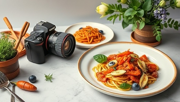 An aesthetically pleasing food photography setup with a camera, props, and beautifully plated dishes, showcasing the art of food styling and photography in a professional setting.