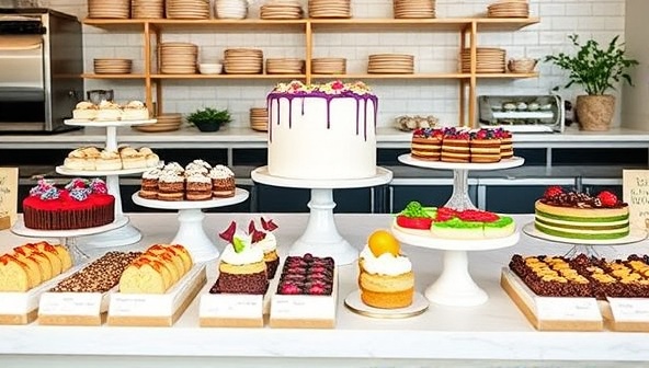 An aesthetically pleasing dessert display featuring an array of colorful plant-based treats, cakes, and pastries, beautifully arranged on a minimalist dessert bar counter, highlighting the artistic presentation and delicious variety of vegan desserts available at Green Bliss Sweets.