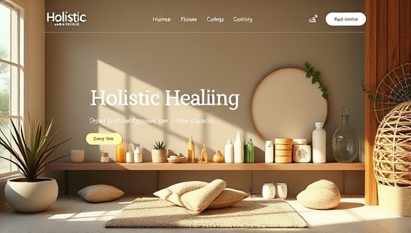 A serene virtual marketplace interface showcasing a variety of holistic healing services and wellness products, with soothing colors and nature-inspired elements, creating a harmonious and inviting online space for holistic well-being.