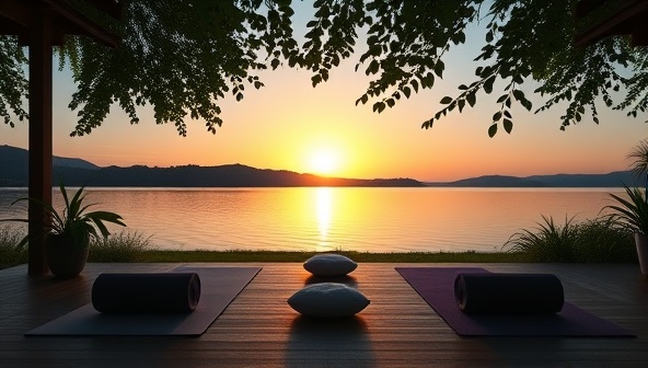 A tranquil wellness retreat setting featuring yoga mats, meditation cushions, and greenery, with a serene backdrop of a sunset over a peaceful lake, conveying a sense of relaxation and mindfulness in a harmonious natural environment.