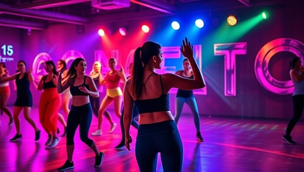A dynamic dance fitness class in action, featuring participants grooving to the beat, colorful lights illuminating the studio, and an enthusiastic instructor leading the energetic workout session, capturing the essence of a vibrant and engaging fitness dance party experience.