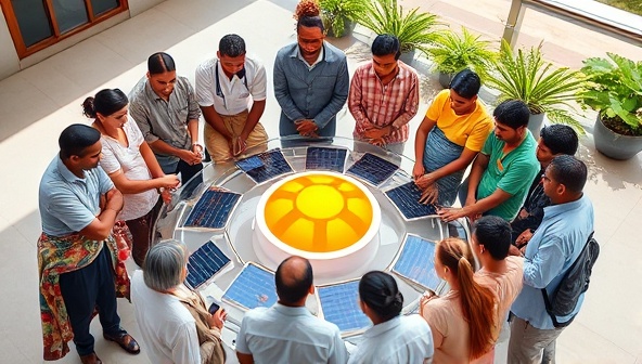 An image of a diverse community gathering around a virtual platform showcasing solar panel projects and energy savings, with a vibrant sun symbolizing shared solar benefits and cooperation.