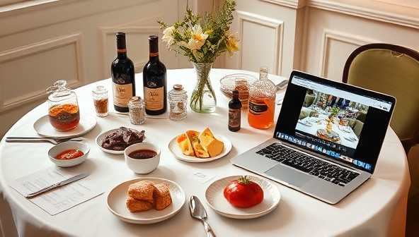 An elegant table setting with a variety of artisanal food products neatly arranged, accompanied by tasting notes and a laptop displaying a virtual tasting session in progress, showcasing the unique and immersive nature of the experience.