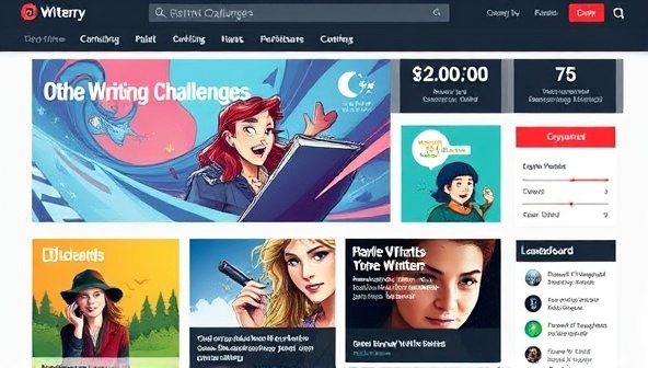 A dynamic digital platform interface displaying ongoing writing challenges, vibrant graphics, and featured submissions, with a countdown clock for upcoming contests and a leaderboard highlighting top participants, creating a visually engaging and interactive space for writers to explore and participate in challenges.