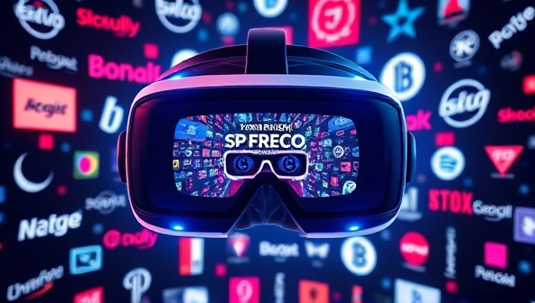 A virtual reality headset with a futuristic VR ad campaign playing on the screen, surrounded by digital representations of various brand logos, creating an immersive and visually striking VR advertising environment.