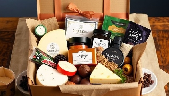 An elegantly packaged gourmet food subscription box bursting with an assortment of artisanal cheeses, gourmet chocolates, exotic spices, and specialty snacks, creating a tantalizing preview of the culinary treasures awaiting subscribers in each delivery.